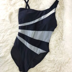 Black and Sheer One-Shoulder Swimsuit with extra strap
